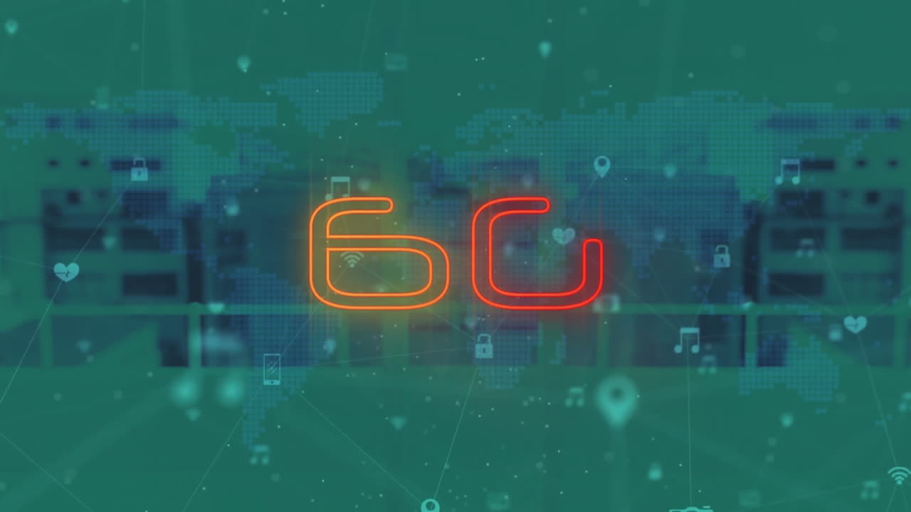 animación de texto iluminado 6g, múltiples iconos sobre la ciudad vista a través de una ventana de vidrio