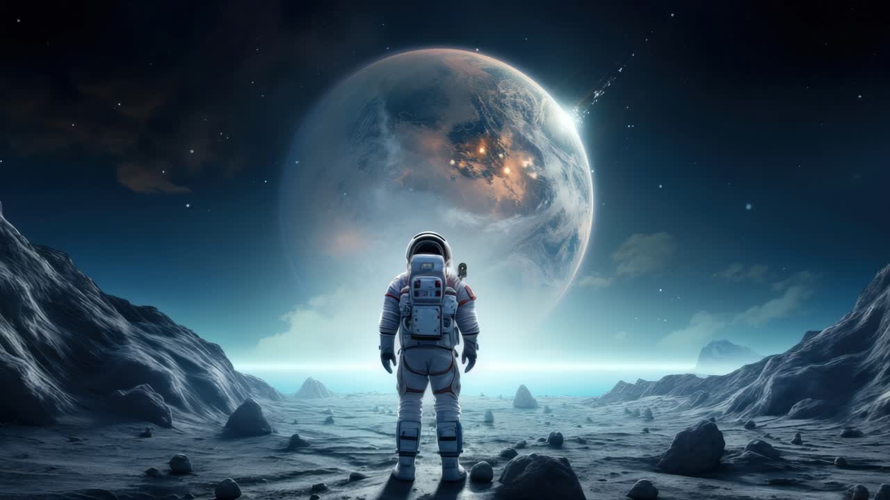 A lone astronaut stands on a rocky alien landscape, gazing at a distant planet