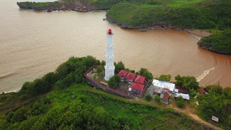 aerial view of baron lighthouse overlooking beach, rocks and ocean in indonesia