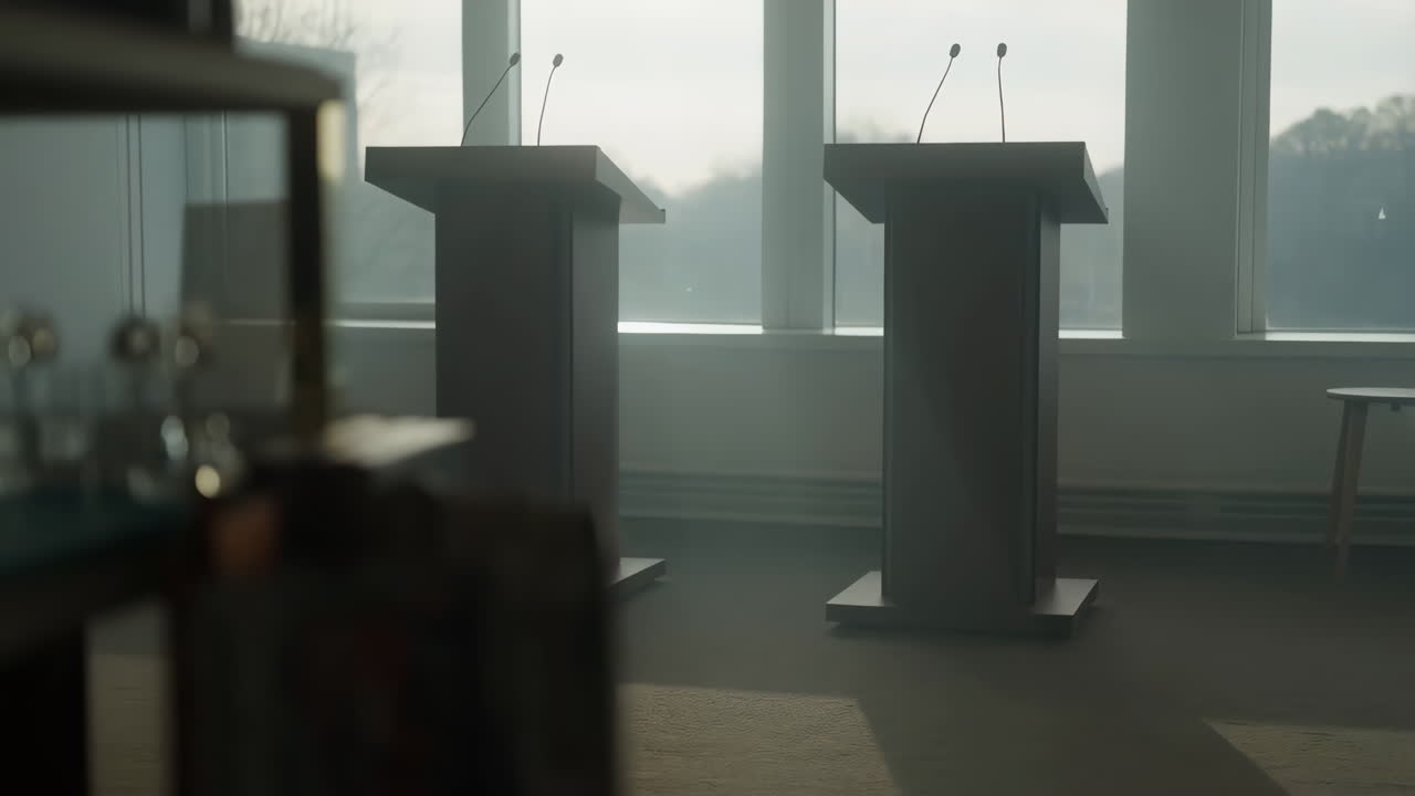 Two podiums with microphones set up in front of large windows for a debate or conference