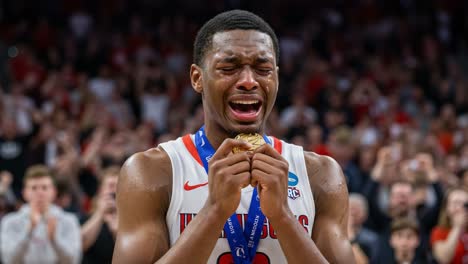 an emotional athlete celebrates victory with tears of joy while holding a gold medal during a major sports event, surrounded by cheers and applause from the crowd