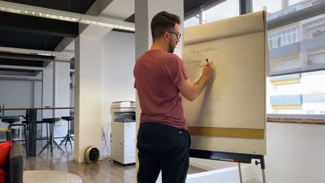 un ingeniero creativo está de pie en una oficina y usando una pizarra para planificar los próximos pasos de su trabajo