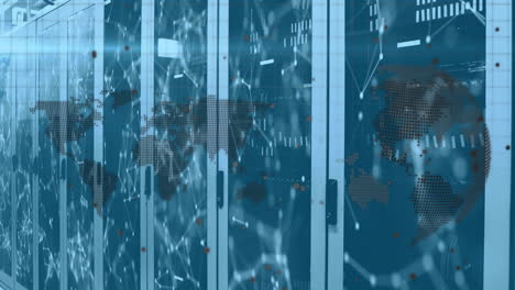 world map and spinning globe over network of connections against computer server room