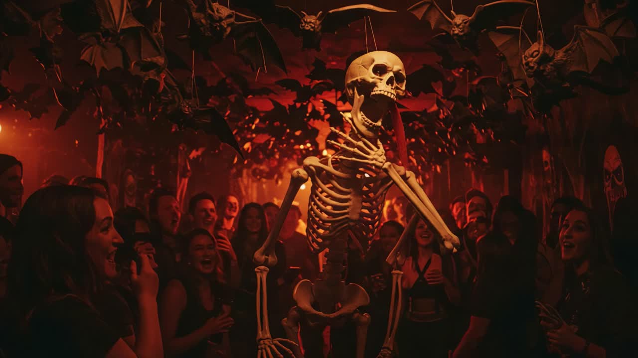 A Spooky Halloween Celebration: A Dancing Skeleton Surrounded by Enthusiastic Partygoers in a Ghostly Decor of Bats and Eerie Atmosphere