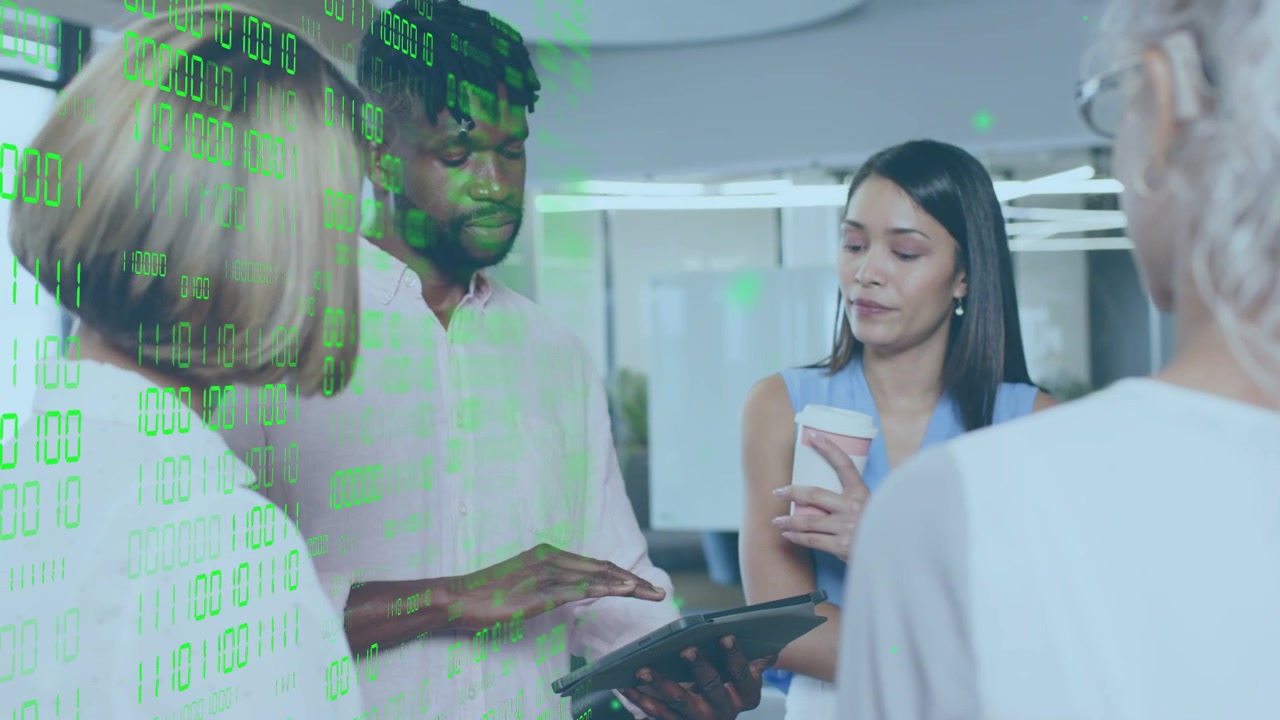Lead man tapping tablet, starting demo; team observing, holding cup; tech binary overlay pulsing