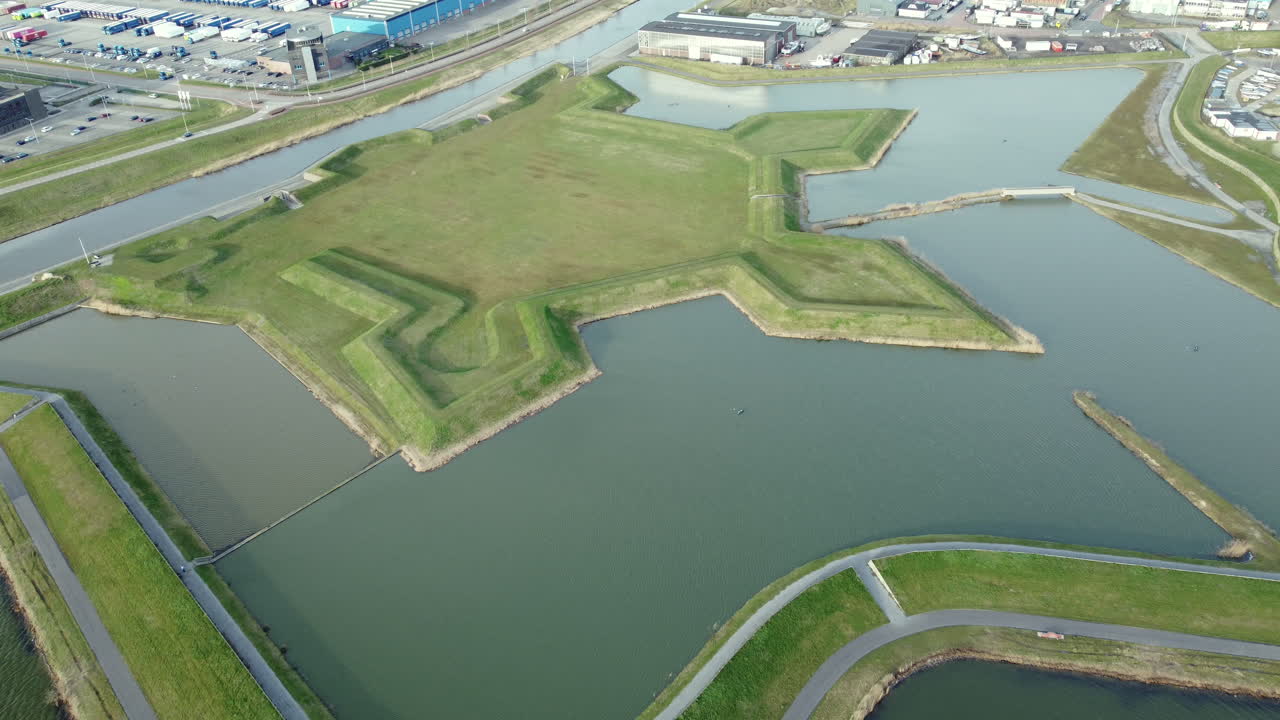 Aerial View of a Historical Fortress with Water Features