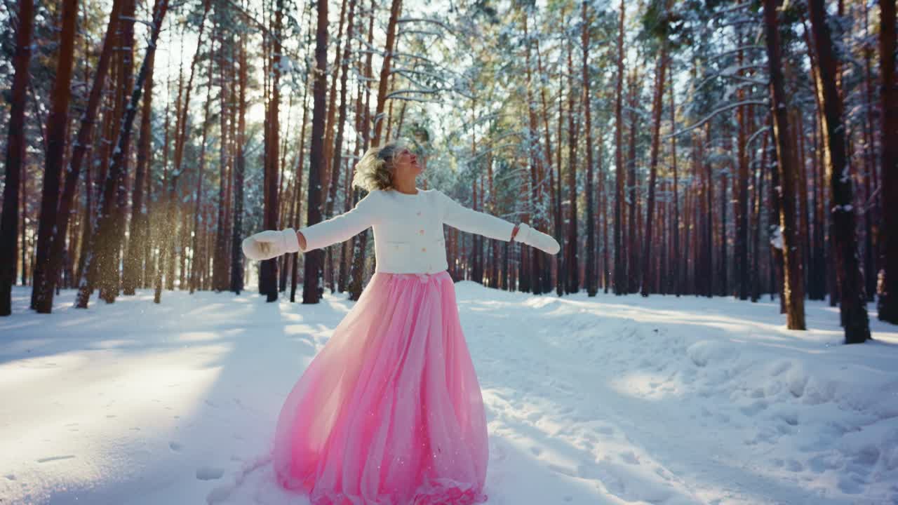 Ragazza felice in abito rosa che si gode la neve che cade in una foresta invernale