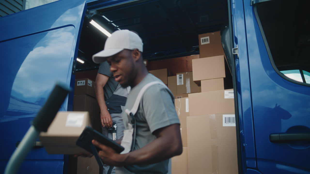 Two Delivery Men Loading Boxes into a Commercial Van