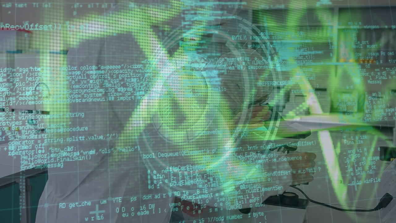 animación de la placa de circuitos informáticos, procesamiento de datos y alcance sobre diversos científicos en el laboratorio