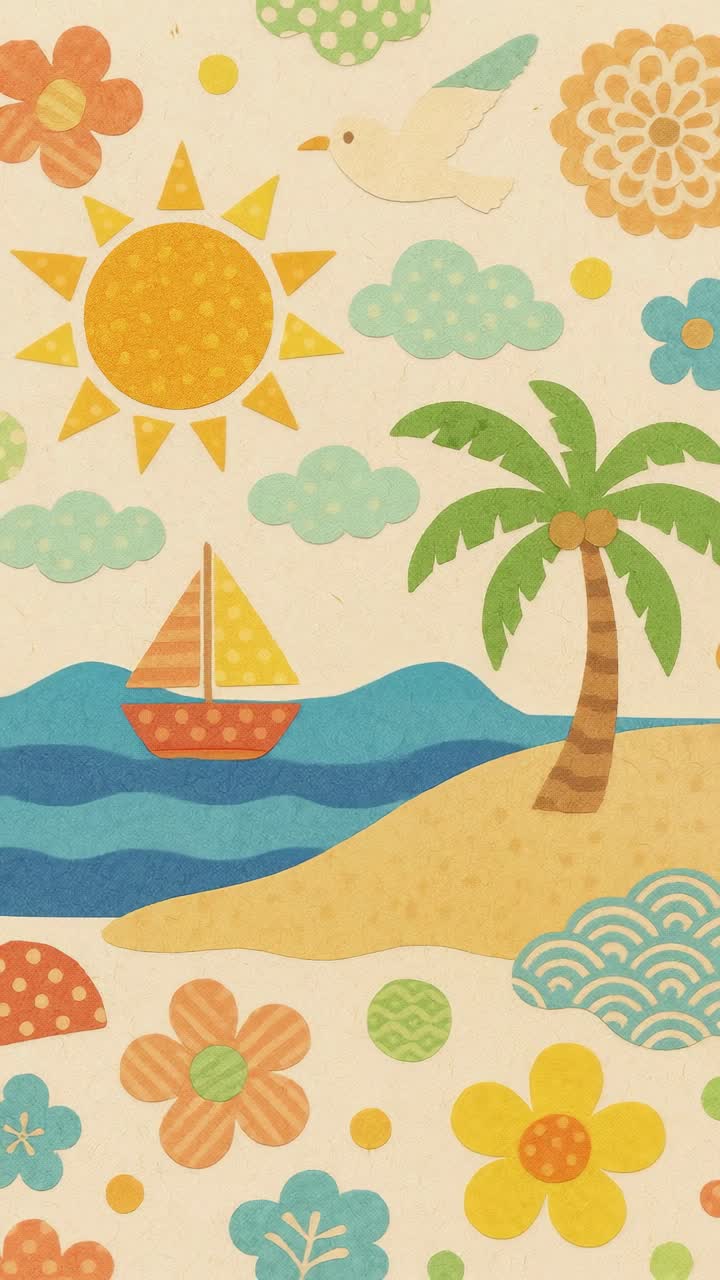 Whimsical beach scene with sun, sea, and palm tree in a playful, cartoon style
