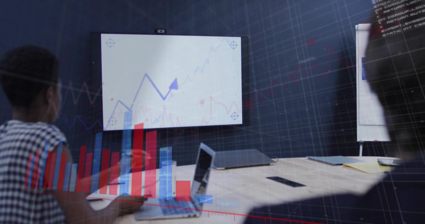 Business colleagues watching flickering screen creating bar charts with flipchart signaling uptrend