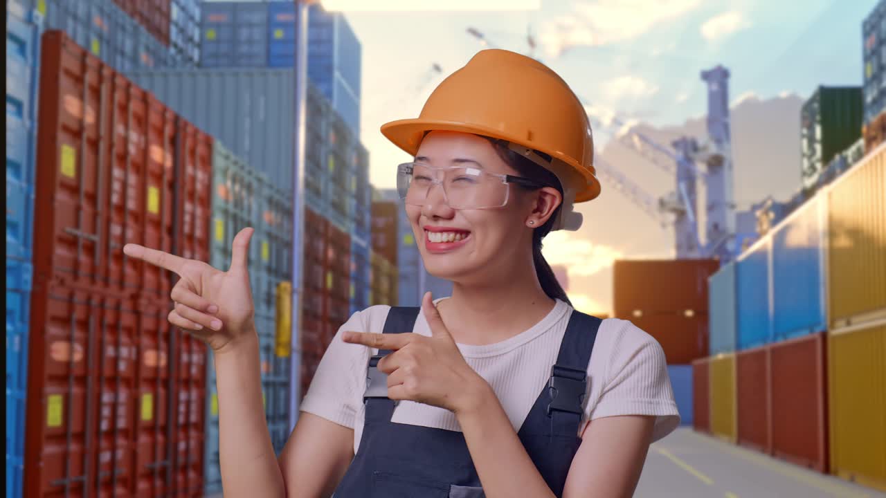 Close Up Of Asian Woman Worker Wearing Goggles And Safety Helmet Smiling And Pointing To Side While Standing At Container Yard Warehouse