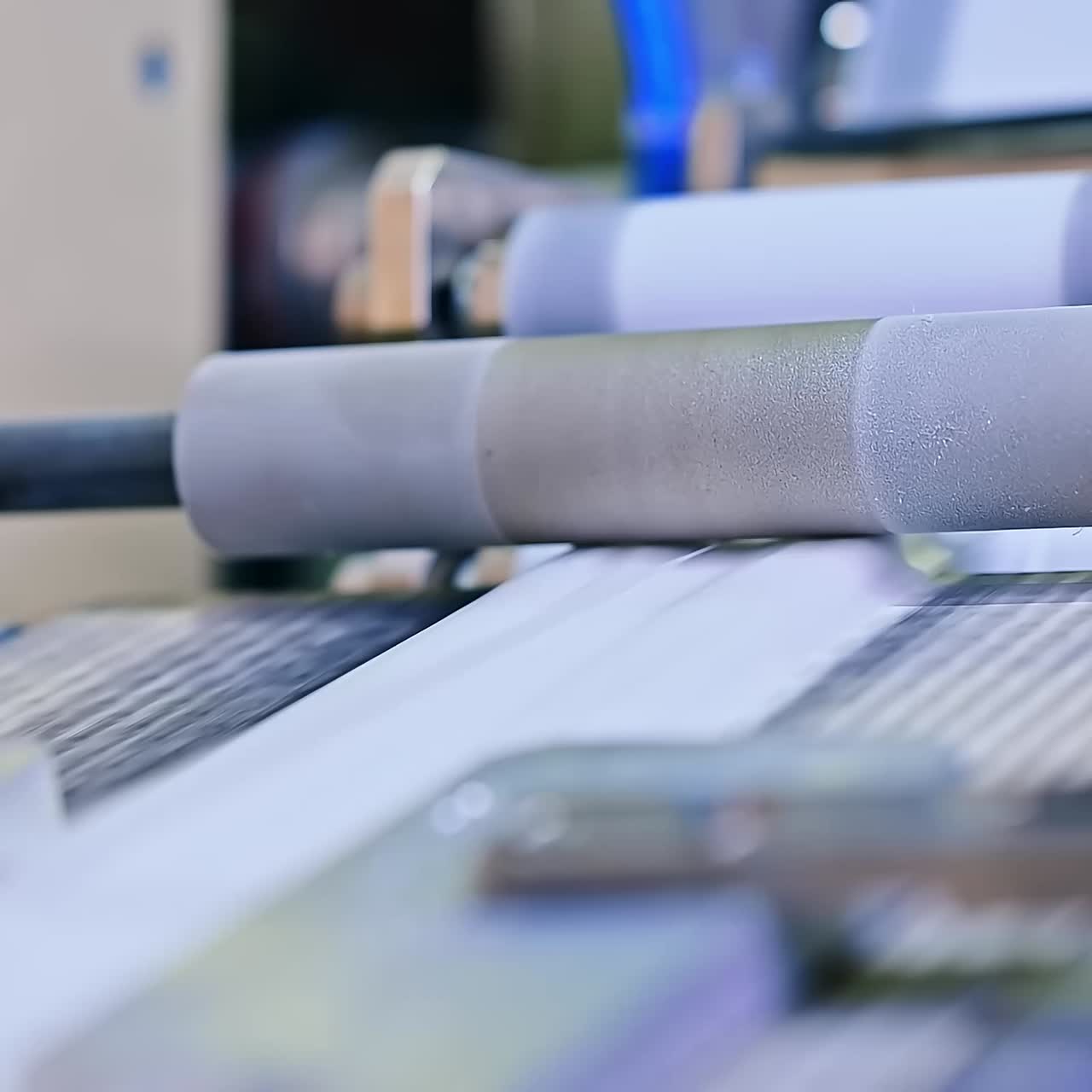 White ribbon passing under the metal roller. Quick conveyor line at the diaper manufacturing factory. Close up