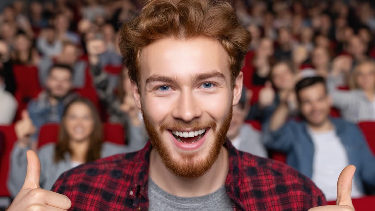 A Celebration of Joy and Enthusiasm: A Young Man Expresses His Happiness with Thumbs Up in a Vibrant Audience Atmosphere Filled with Excitement and Laughter