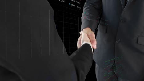 animation of financial data processing over businessman handshake