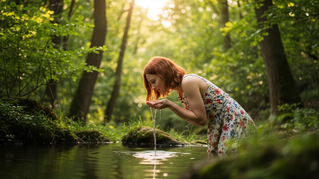A serene moment captured in nature as a young woman admires the sunlight filtering through trees while collecting water from a peaceful forest stream