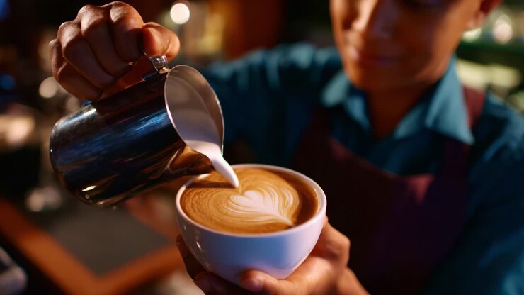 Expert Barista Creating Beautiful Latte Art with Heart Design in Coffee Cup Using Smooth Milk Froth Techniques for Perfect Espresso Beverage Presentation