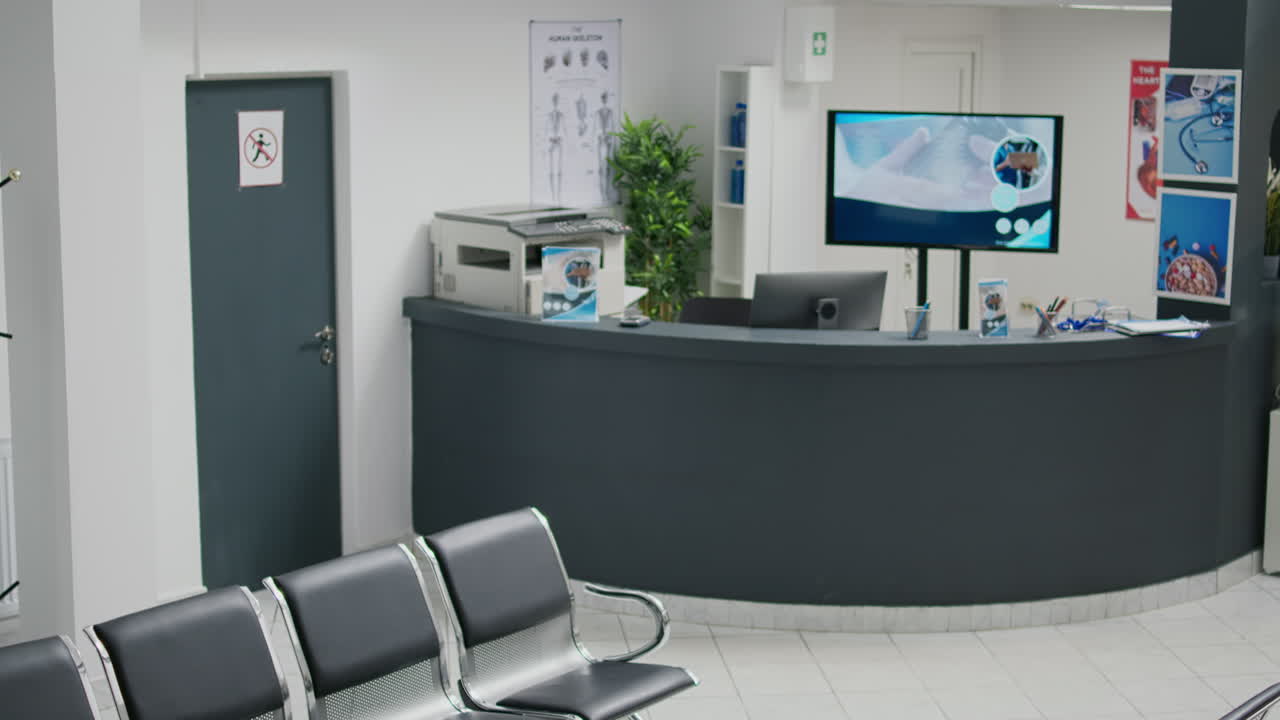 Professional waiting room with chairs in clinic hallway