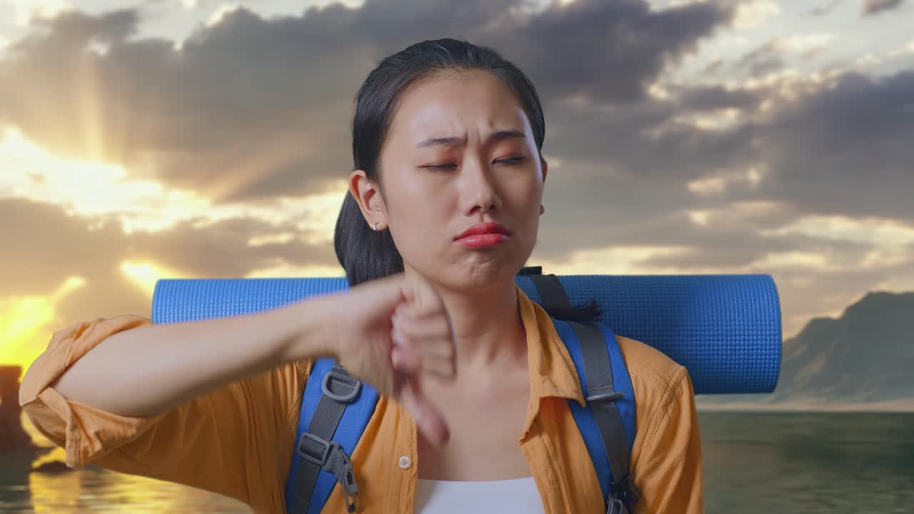 Ảnh cận cảnh nữ du khách đi bộ đường dài người châu Á với ba lô leo núi đang giơ ngón tay cái xuống khi đứng trên bãi biển vào lúc hoàng hôn