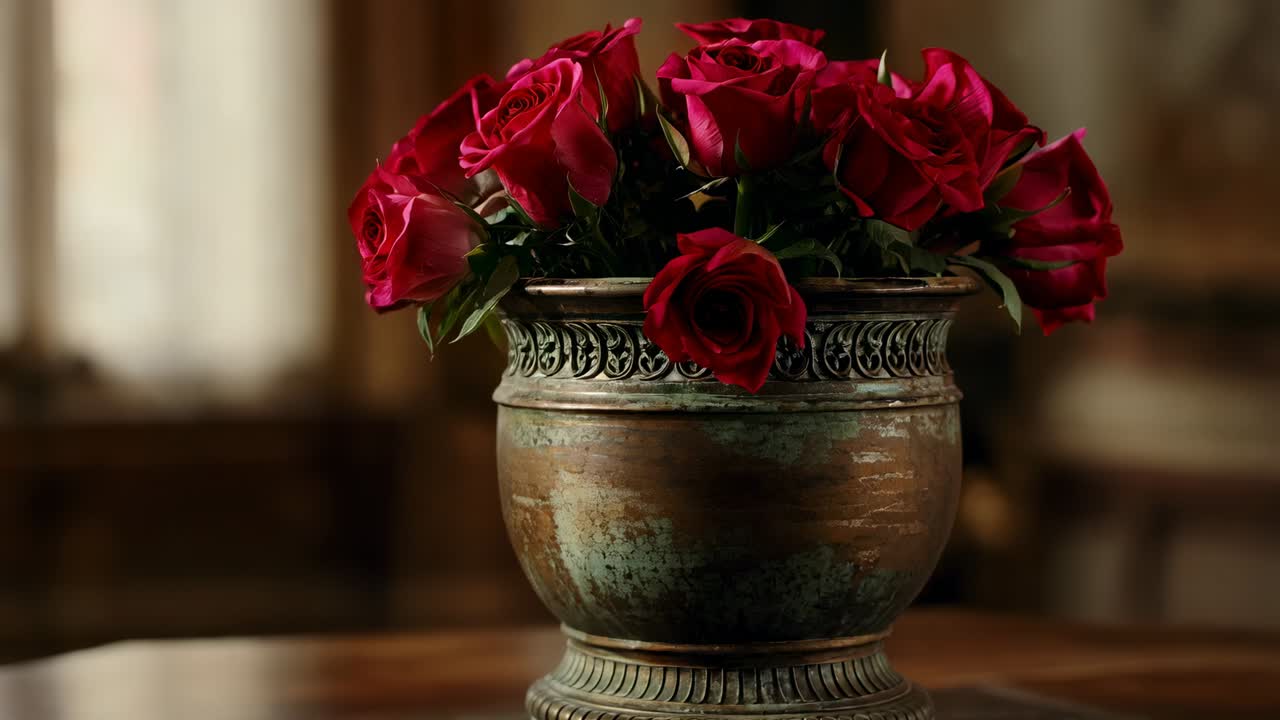 Stringere la camera rivelando un'urna decorata su un tavolo lucido in una calda sala da pranzo che mette in risalto le rose rosse