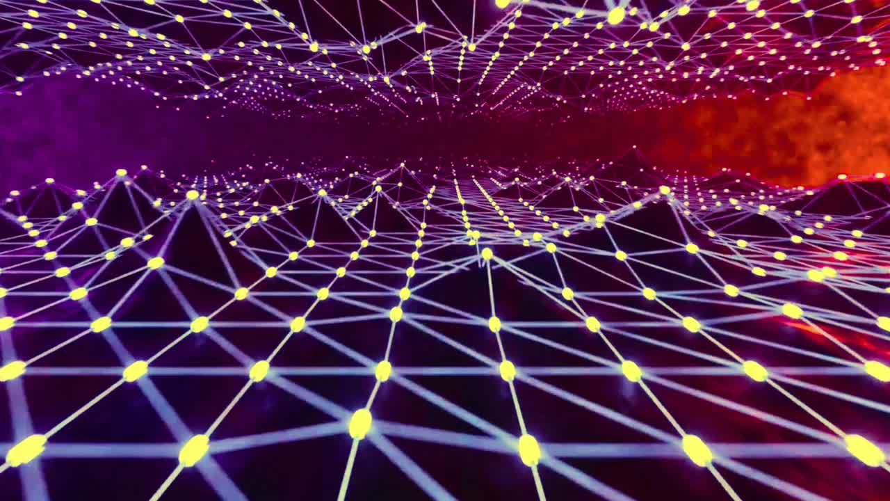 Abstract Glowing Grid Network Moving Through Digital Space