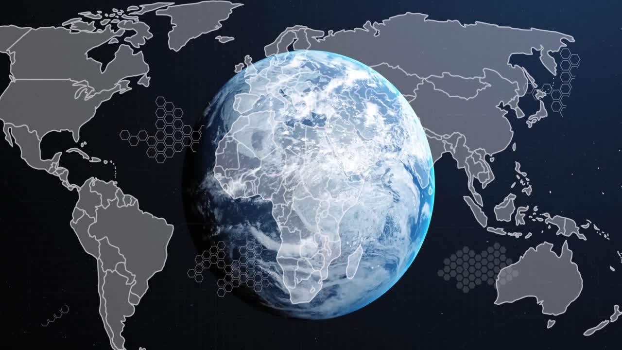 추상적인 배경 위에 회로판 패턴, 지도 및 지구의 애니메이션