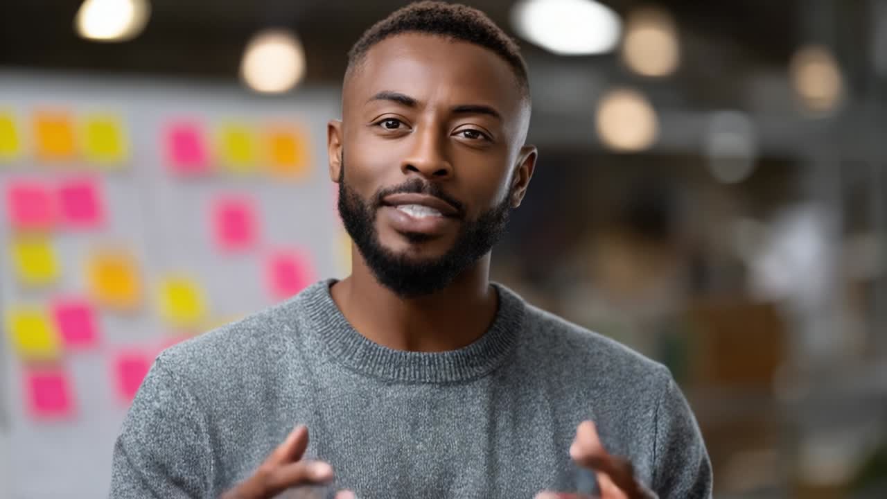 Un conférencier captivant exprimant des idées avec assurance dans un espace de travail moderne, gesticulant pour illustrer ses arguments et captivant le public avec des techniques de communication efficaces pour des présentations percutantes