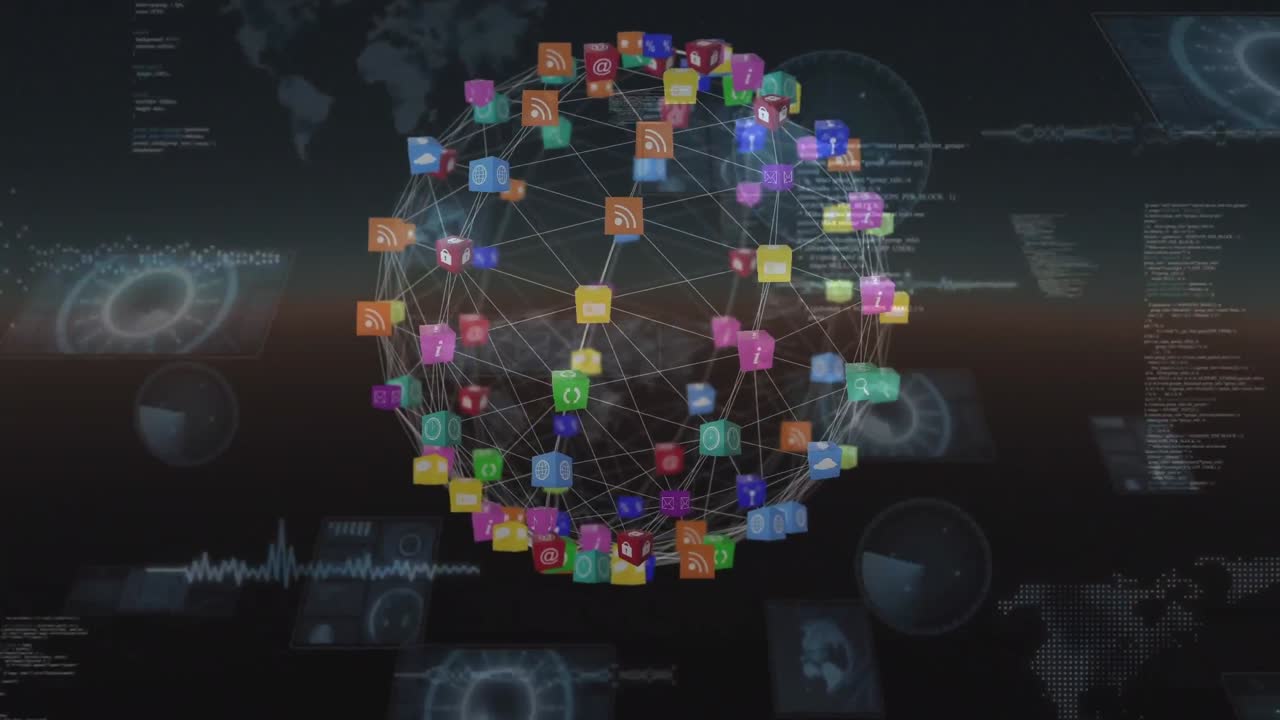 animación de la red de conexiones y procesamiento de datos sobre fondo negro