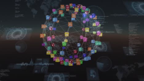 Animation-of-network-of-connections-and-data-processing-on-black-background