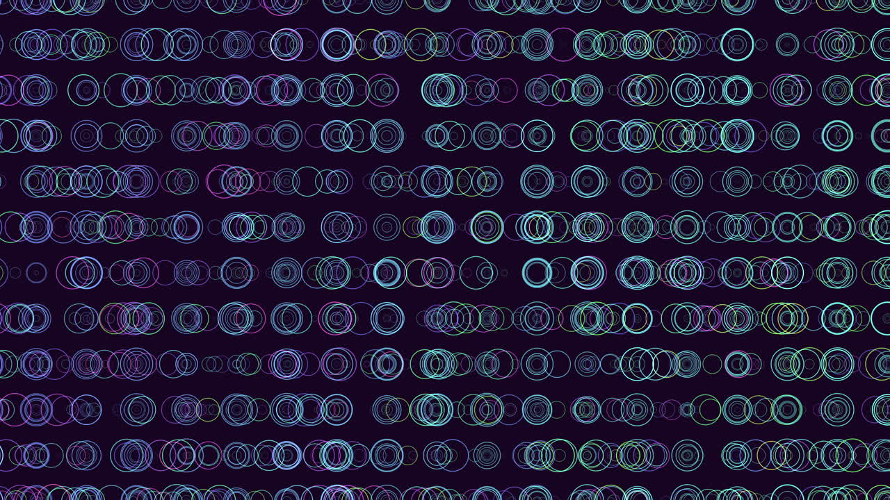 Abstract footage of glowing neon circle outlines and bokeh rings moving on dark background, futuristic tech backdrop for data, music visuals, and digital design
