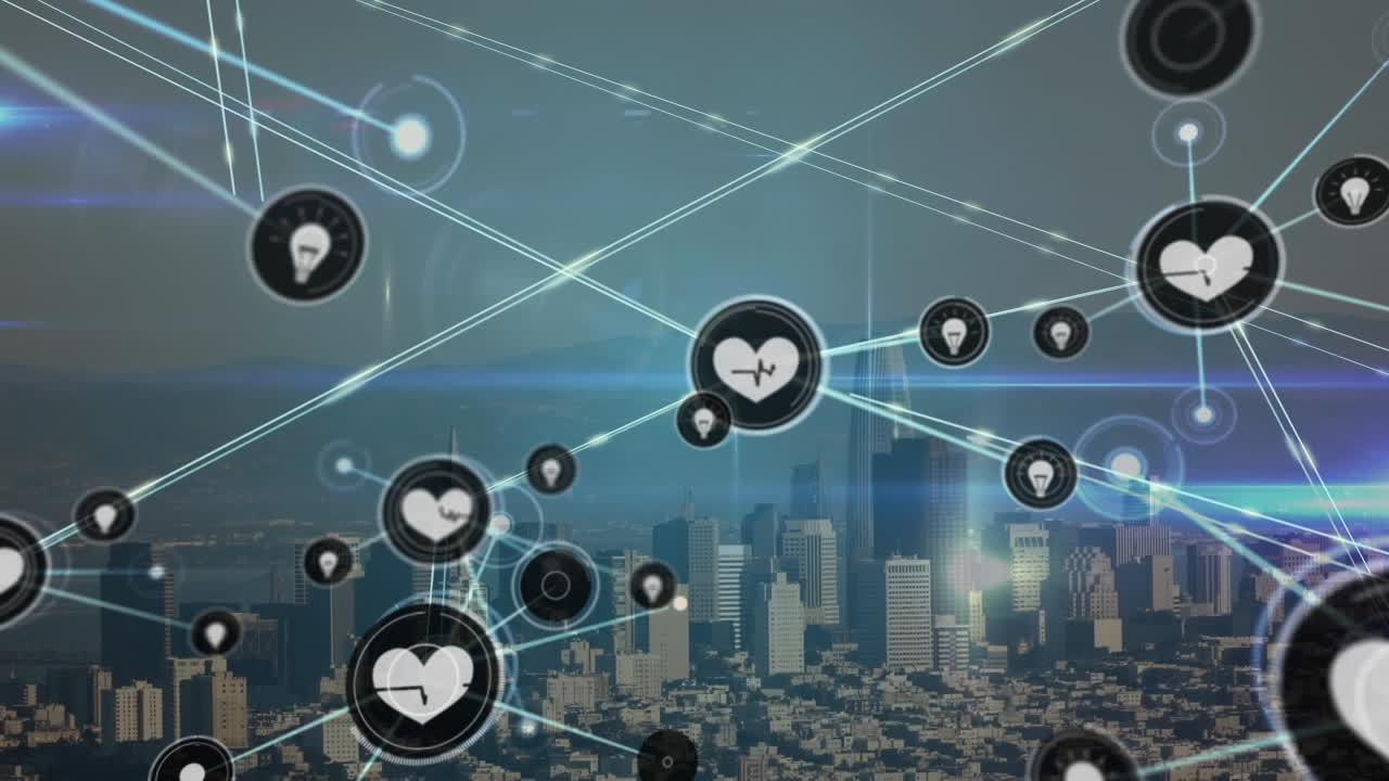 animación de la red de conexiones sobre el paisaje urbano