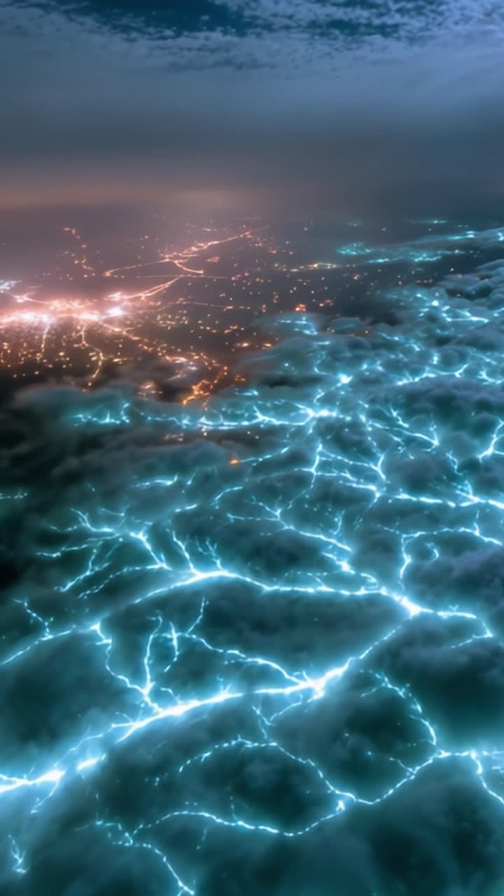 Een adembenemend luchtaanzicht van indrukwekkende lichtpatronen boven nachtelijke wolken, die de complexiteit van de prachtige natuurlijke fenomenen aan de hemel onthullen.