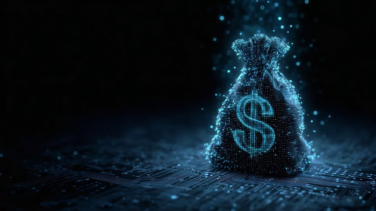 Illuminated Digital Money Bag: A Modern Take on Wealth Representation in a Dark Virtual Background for Financial Technology Visualization