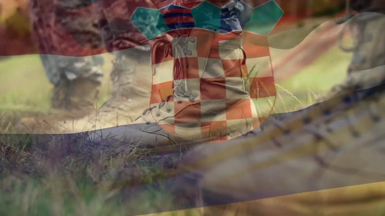 군복을 입은 군인들의 발 위에 크로아티아의 발이 그려져 있다.