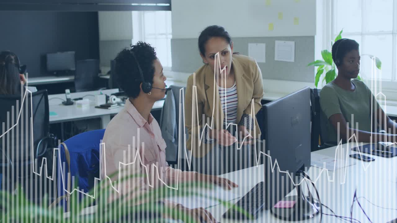 Lead leaning and smiling, headset agent pointing monitor while waveform tracking speech for support