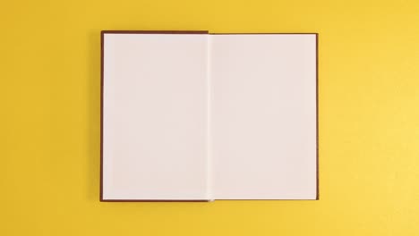 brown vintage hardcover book appear and open with copy space on golden background. stop motion flat lay