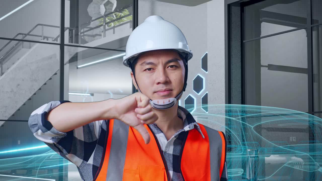 안전 헬을 착용한 아시아 남성 엔지니어가 엄지손가락을 내려놓고 머리를 흔들며 전기 차량, 첨단 산업 시설의 개념과 함께 서 있습니다.