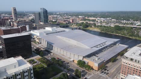 DeVos-Place-in-downtown-Grand-Rapids,-aerial-drone-view