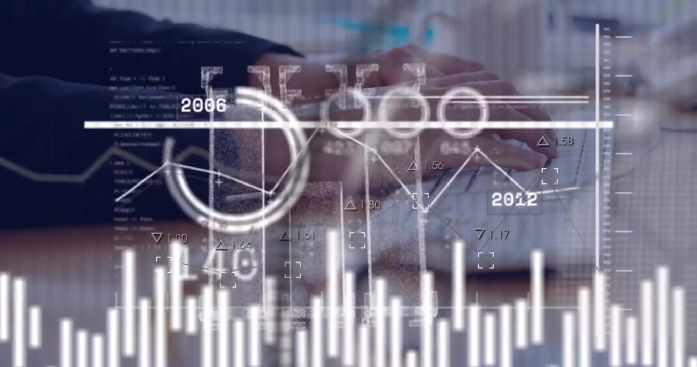 Female data analyst typing on keyboard, initiating animated waveform HUDs showing years and metrics