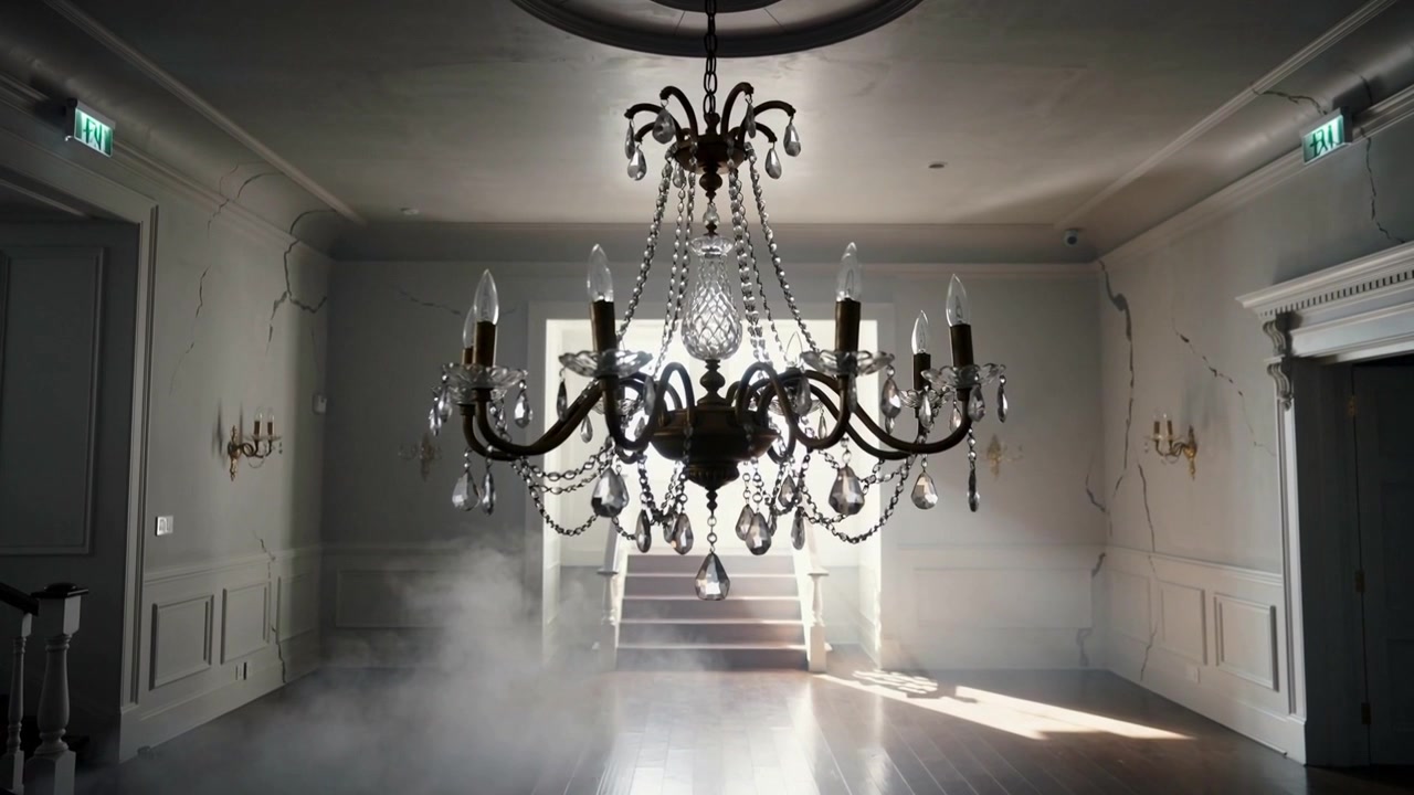 Catturando la luce della tromba delle scale aperta nell'atrio di una villa, un lampadario proietta bagliori mentre la nebbia si diffonde