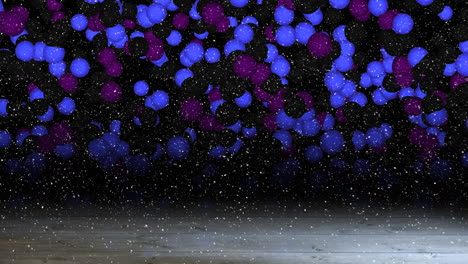 animación de nieve cayendo sobre puntos de luz con espacio de copia y tablas de madera