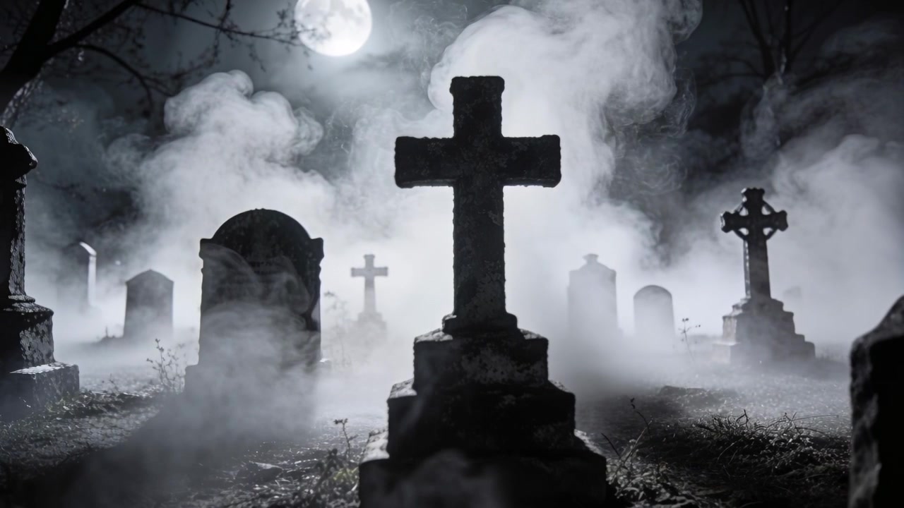 Una croce di pietra consumata dal tempo domina un cimitero di notte, con la brezza che agita nebbia e chiaro di luna.