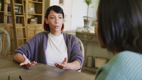 Serious-biracial-sisters-sitting-at-table-and-talking,-in-slow-motion