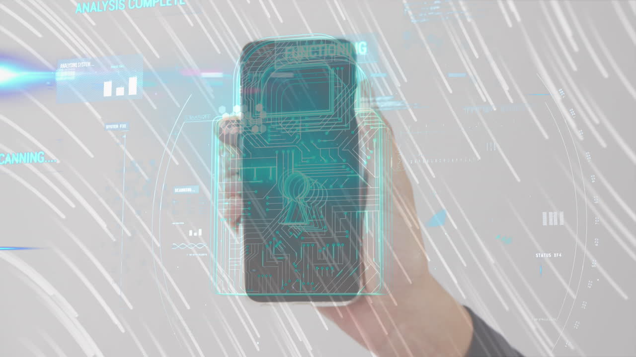 animación del icono del candado de seguridad y los rastros de luz en primer plano de una mano que sostiene un teléfono inteligente