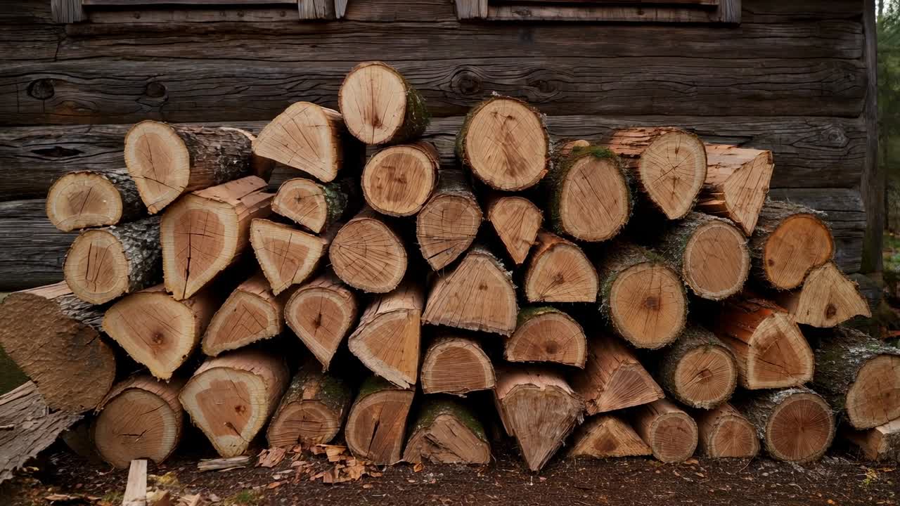 Panning camera revealing stacked cut firewood logs at cabin exterior, showing wood grain and moss