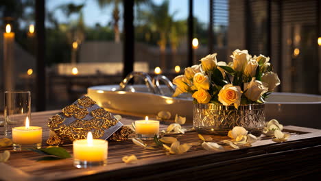 elegant candlelit arrangement with flowers and decor at sunset