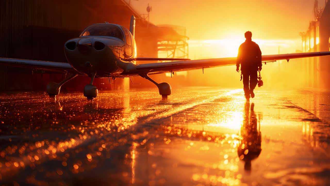 A Silhouetted Figure Walks Away from a Small Aircraft at Sunset, Illuminating the Wet Runway with Brilliant Golden Light, Capturing the Essence of Tranquility and Reflection in Aviation