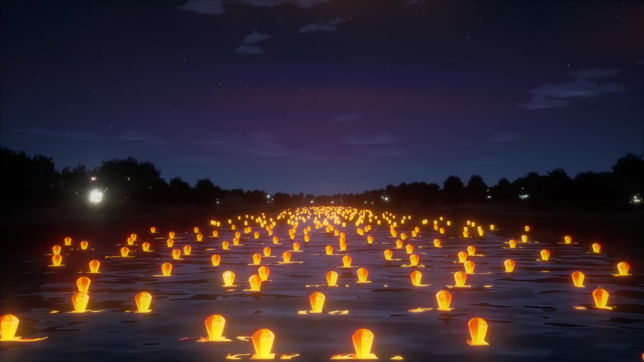 Farolillos flotando sobre el agua de noche durante un festival