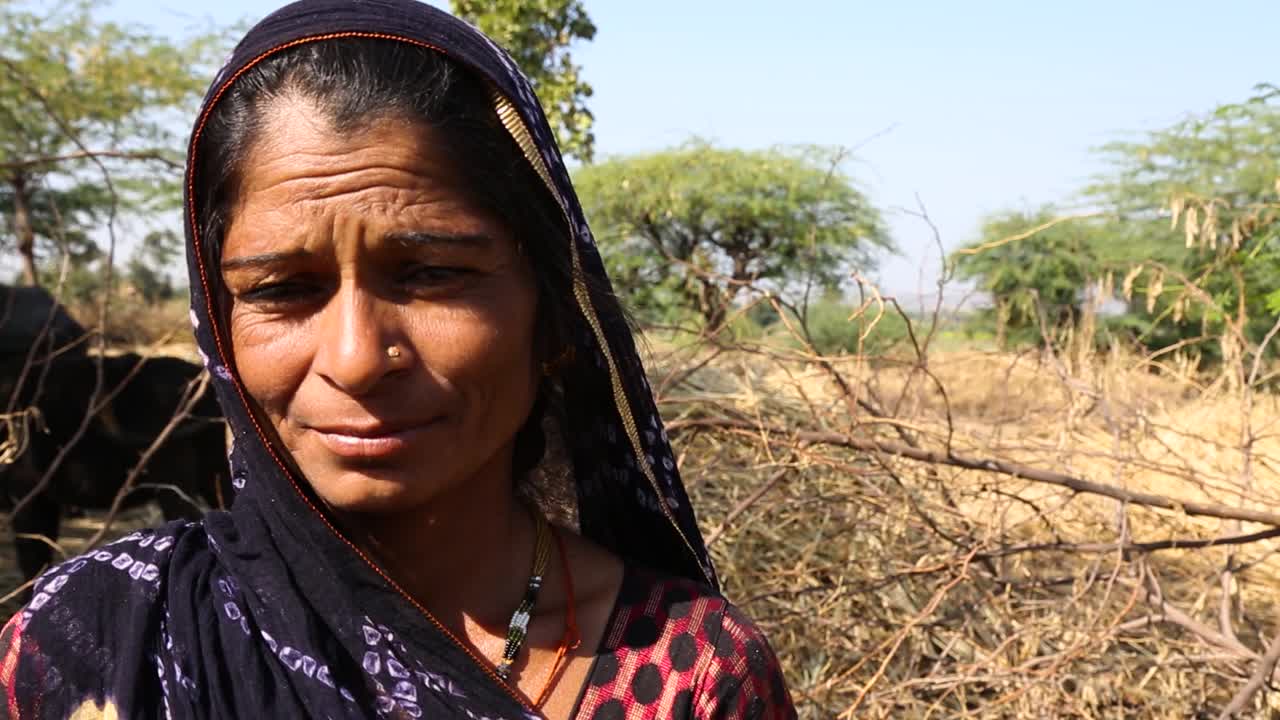 Authentic handheld portrait of farmer Indian woman from rural village of  Rajasthan with animals, India