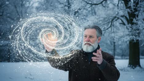 a wise man manipulates cosmic energy with a magical swirl of light amidst a snowy landscape, showcasing his connection to the universe's mysteries
